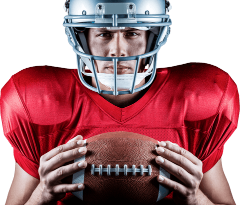 Transparent american football player focused with helmet and ball