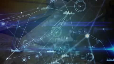 Futuristic Factory Floor with Digital Network overlay and HUD Elements