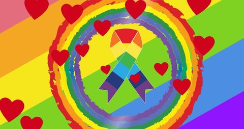 Rainbow Ribbon and Hearts on Colorful Background Celebrating Pride