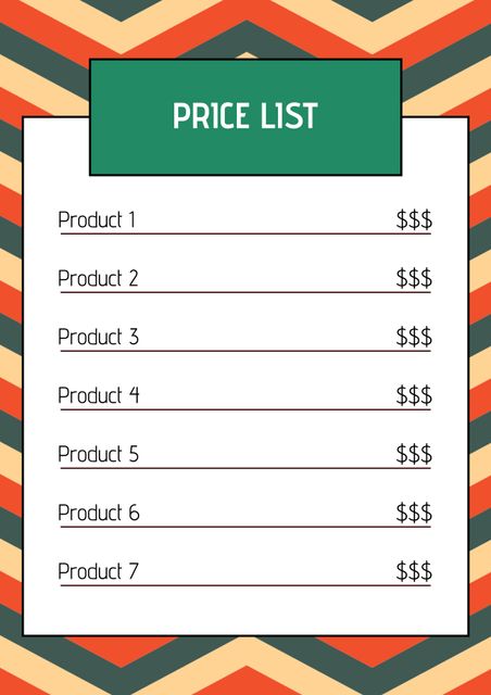 This modern price list template features a bold green header with spaces for listing multiple products and their respective costs using dollar signs. The background consists of a colorful zigzag pattern, providing a visually appealing contrast. Ideal for retail stores, service businesses, or pop-up shops needing a stylish way to display their pricing details. Easily customizable with the names of specific products and corresponding prices.