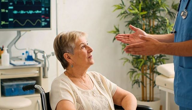 Senior woman in wheelchair listening to doctor during clinic consultation with monitor