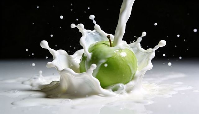 Green apple splashing into milk creating crown splash contrast closeup glossy reflections