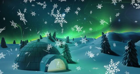 Snowflakes Falling Over Igloo in Winter Night with Northern Lights
