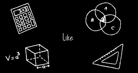 Math and geometry icons on black background with like text
