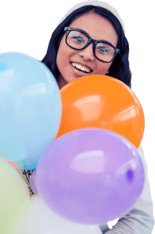 Asian woman holding colorful balloons smiling, transparent background