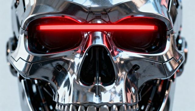 Chrome robotic skull with red led visor reflecting lights futuristic cyberpunk close-up
