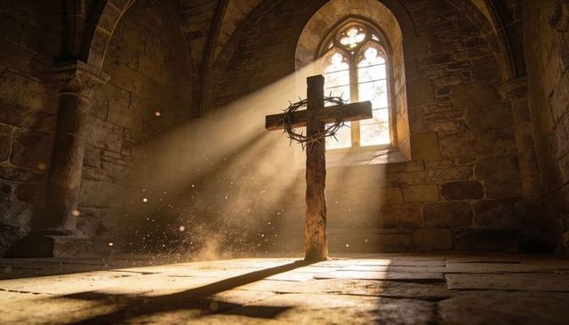 Standing wooden cross with thorn crown, sunlight streaming through gothic window, dust motes