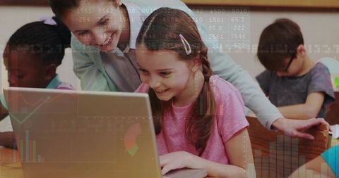 Teacher Guiding Student on Laptop with Data Overlays for Classroom EdTech Learning
