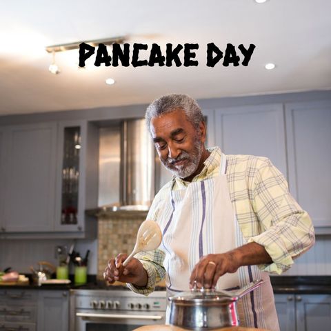 Elderly Man Joyfully Cooking Pancakes in Home Kitchen for Pancake Day - Download Free Stock Templates Pikwizard.com