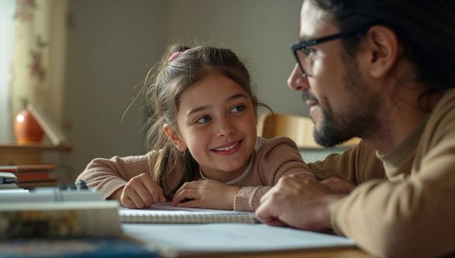 Parent tutoring daughter leaning over open notebooks, smiling and engaged