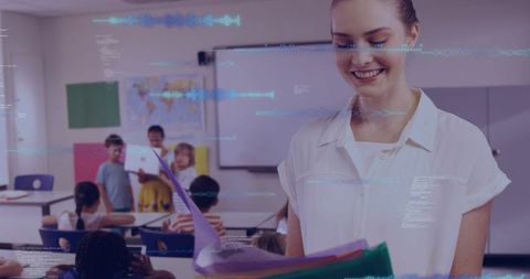 Teacher holding colorful folders guiding student presentation, digital overlays in classroom