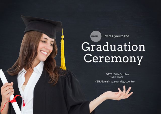 Ideal for creating personalized graduation invitations and announcements. Perfect for use by educational institutions, students, and events planners to invite guests to a graduation ceremony. Displaying a smiling female graduate in cap and gown holding a diploma, this template signifies academic success and accomplishment. Suitable for both digital and print media.