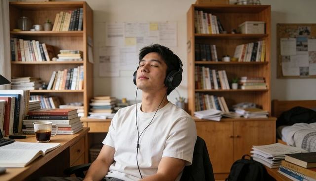 College student listening on headphones while relaxing at desk surrounded by books