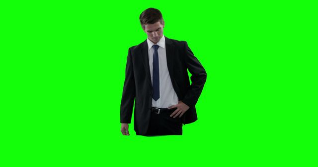 Young businessman in suit posing against green screen background. Perfect for business presentations, corporate training materials, advertisement, promotional materials, and multimedia projects requiring keying and background change.