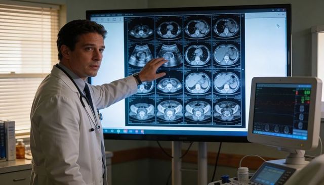 Male medical doctor pointing at ct mri and ultrasound scans on large monitor clinic