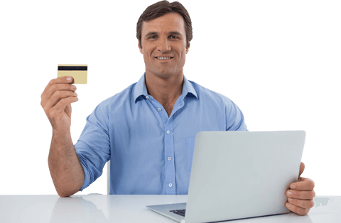 Man in Blue Shirt Enjoying Online Shopping with Credit Card and Laptop - Download Free Stock Videos Pikwizard.com
