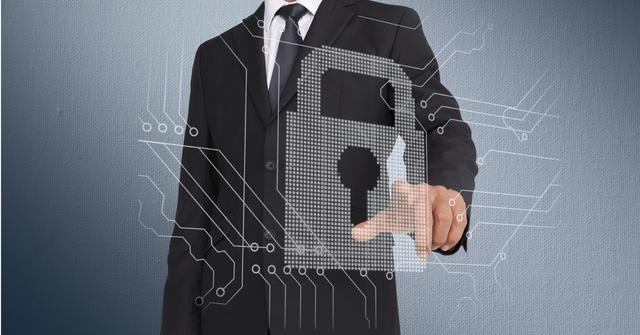 Businessman in a suit interacts with a digital lock security interface. Useful for illustrating concepts related to cybersecurity, data protection, digital security in business environments, and modern technology interfaces. Ideal for articles, presentations, and marketing materials on corporate security, IT solutions, and encryption technologies.