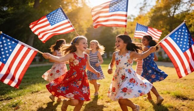 Girls celebrating fourth of july running with american flags wearing floral dresses in sunlit park