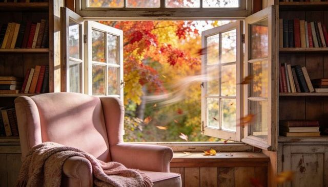 Pink armchair basking in sunlit rustic reading nook with swirling autumn leaves