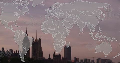 World map overlay on london skyline with parliament at dusk