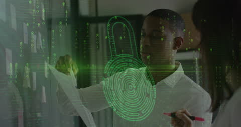 Business Team Collaborating Amid Digital Cybersecurity Lock Icons