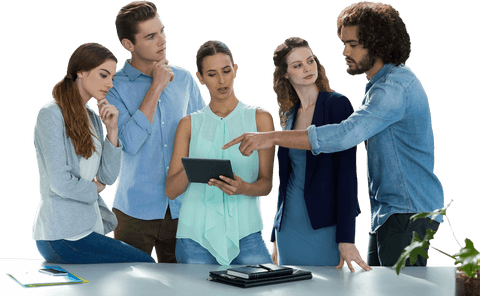Transparent diverse team engaging in tablet-based discussion