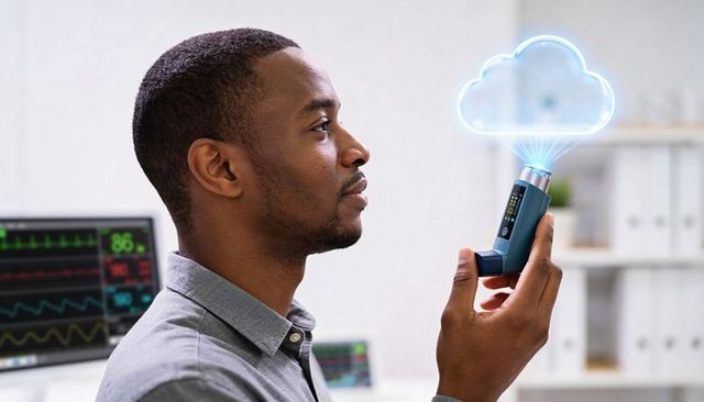 Patient holding smart inhaler projecting cloud hologram with ecg monitor and vitals display