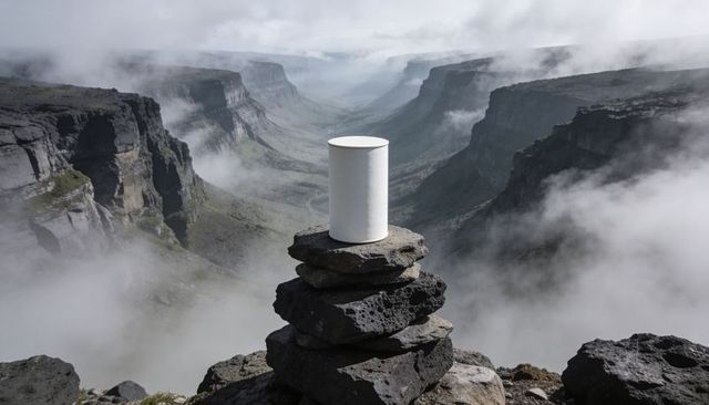 White cylinder topping stone cairn on foggy canyon ledge, misty plateau valley panorama