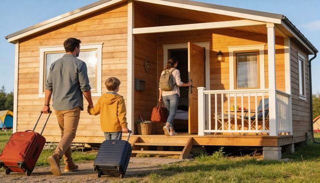 Family walking to cozy cabin with luggage at campground, parents entering