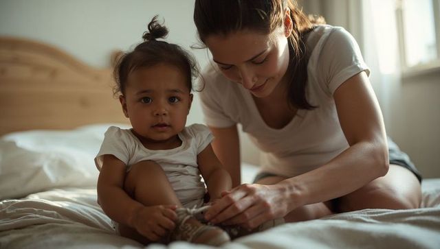 Mom tying toddler sneaker on bed in morning sunlight, intimate parenting moment