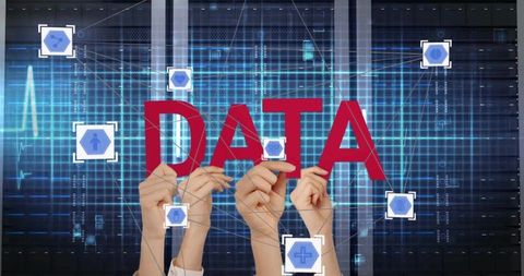 It team holding bold red data letters over digital network grid and server racks, collaboration