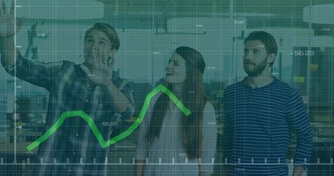 Collaborative Team Analyzing Data on Interactive Display in Modern Office