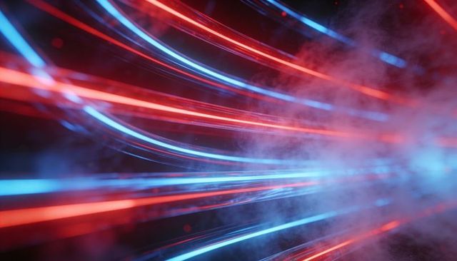 Curving neon data streams streaming right through haze with red and blue light trails