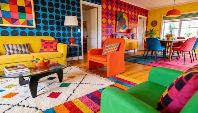 Showcasing vibrant geometric living room with colorful furniture and sunlit dining area
