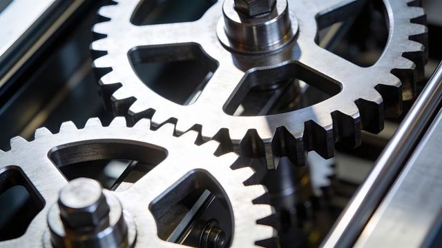 Close-up meshing metal spur gears transmitting torque in precision industrial gearbox