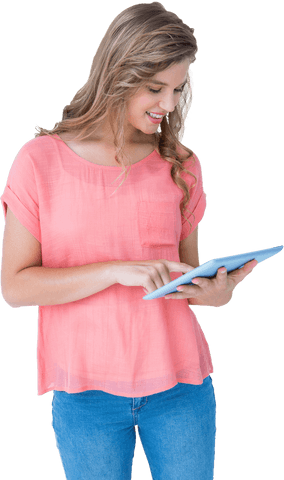 Transparent Young Woman Holding Tablet in Pink Shirt - Download Free Stock Videos Pikwizard.com
