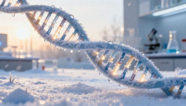 Frosted dna double helix glistening with ice droplets on snowy laboratory bench at sunrise