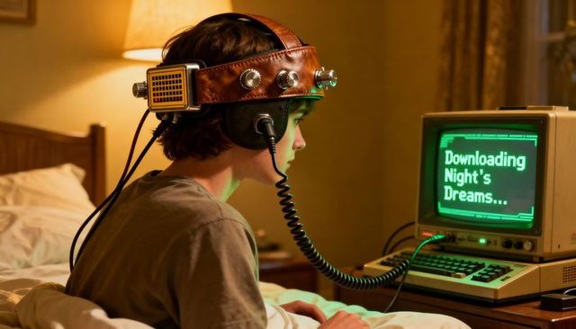 Teen wearing retro leather headset downloading night dreams on vintage crt computer