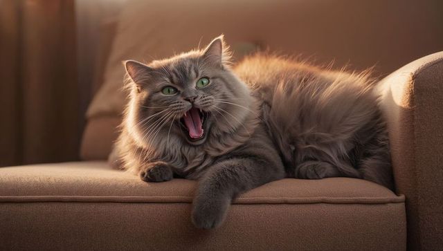 Yawning fluffy gray cat lounging on brown armchair cushion in warm golden sunlight