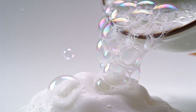 Pouring iridescent soap bubbles cascading over foamy mound with glass rim macro