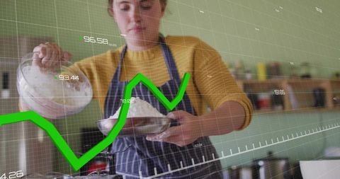 Home baker sifting flour over bowl with green upward graph overlay for food analytics