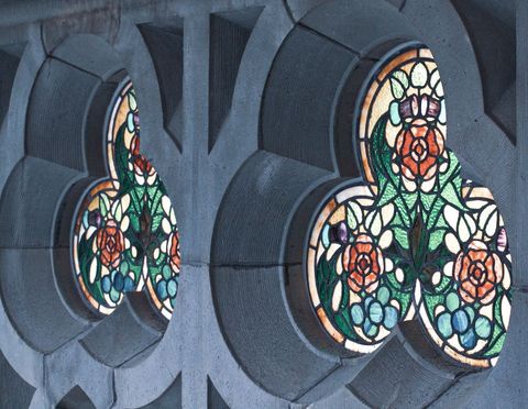 Colorful stained glass windows with floral designs