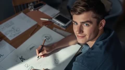 Young Designer Sketching Logo Concepts at Desk, Turning to Camera — Creative Branding Video