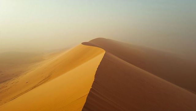Golden sand dune in remote desert at sunrise