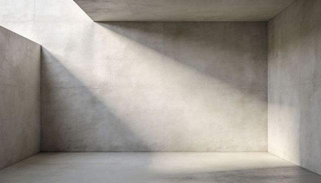 Minimal concrete interior with skylight casting diagonal light beam on textured walls
