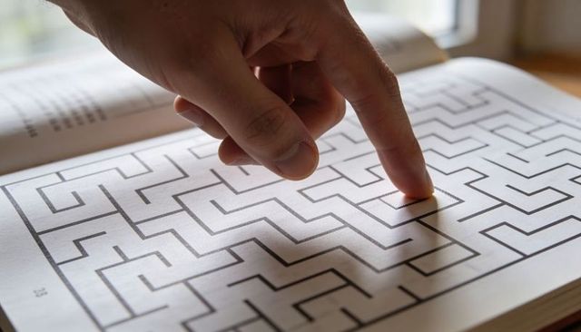 Adult finger tracing labyrinth maze puzzle on open book closeup with soft daylight
