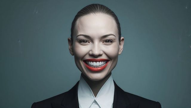 Confident businesswoman smiling with bold red lipstick wearing tailored black blazer