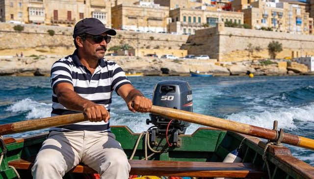 Mediterranean boatman rowing striped polo cap sunglasses guiding dinghy past historic quay