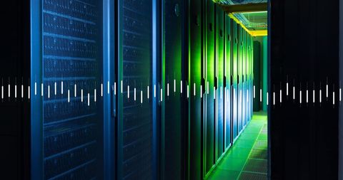 Futuristic data center with digital sound waves