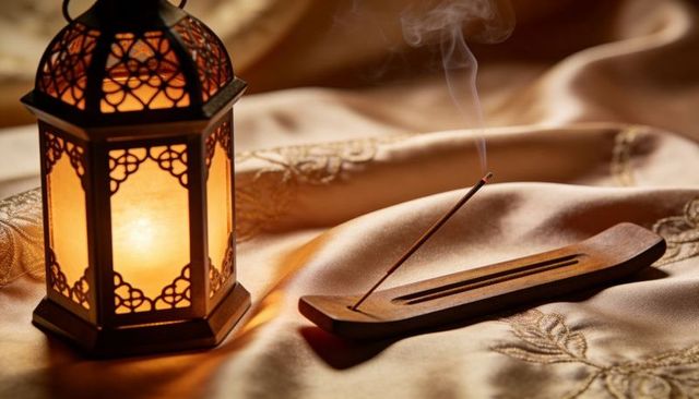 Glowing filigree lantern casting amber light with smoldering incense on embroidered silk